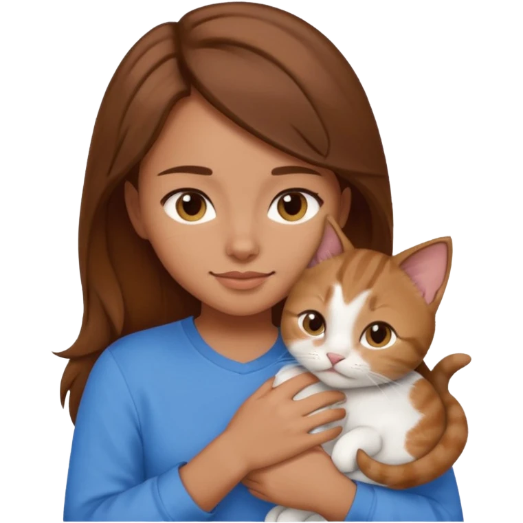 Create an emoji that has a girl wearing a blue shirt and brown hair snuggling a kitten. emoji
