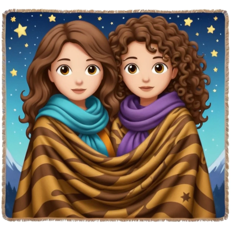 star blanket scene — long wavy brown hair tattooed woman and short tight curly brown hair woman — sharing oversized scarf blanket emoji