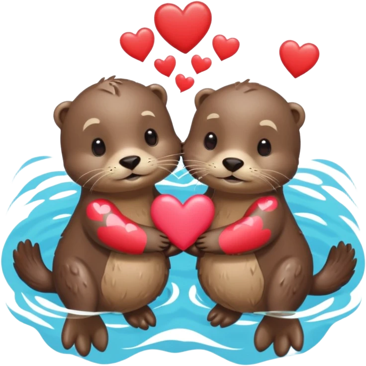 2 otters holding hands swimming with hearts emoji