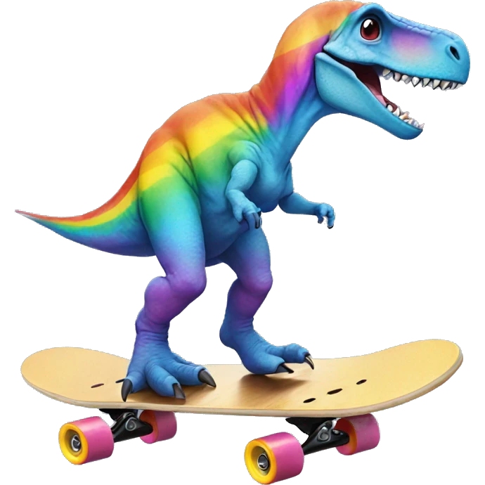 Dinosaur on skateboard on a rainbow emoji