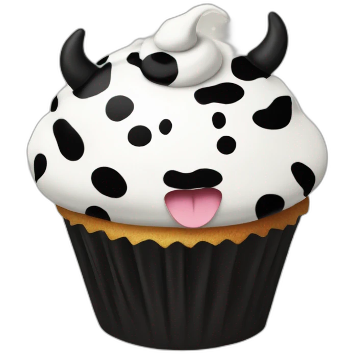 Happy cupcake with black and white cow spots emoji