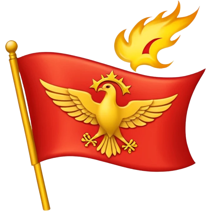 Apple-style emoji of a horizontal rectangle red flag (2:1, not square) with the yellow Syriac nationalist emblem: flame on top, stylized wings, tail with four stars. Flat, simple, bold colors, no shading. emoji