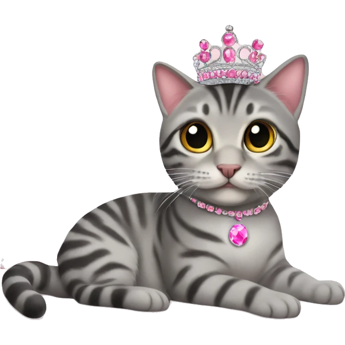 gray tabby sitting on pink pillow wearing pink gem tiara  emoji