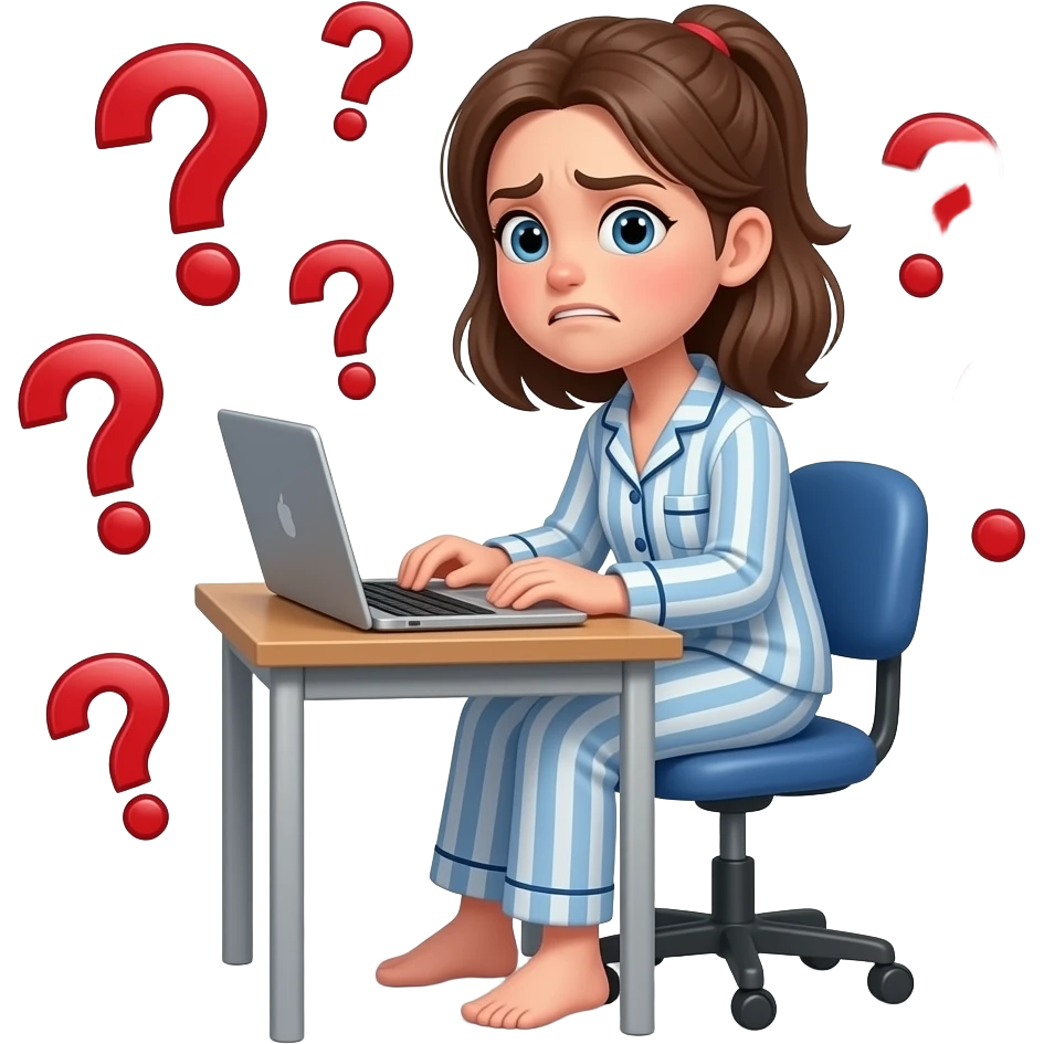 a girl in her pajama sitting at the desk turning around to us with disgusted expression and raised eyebrows - around her there are red question marks in the air and the red phrase also in the air: Ruslan emoji