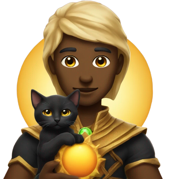 A sun warlock who has tan skin and is holding a black kitten emoji