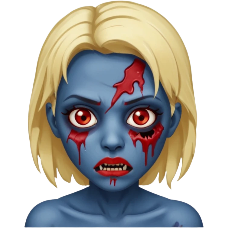 zumbi feminino com cortes no rosto, olhos baixos e vermelhos, cabelo loiro e rosto azul escuro, boca e olhos sangrando emoji