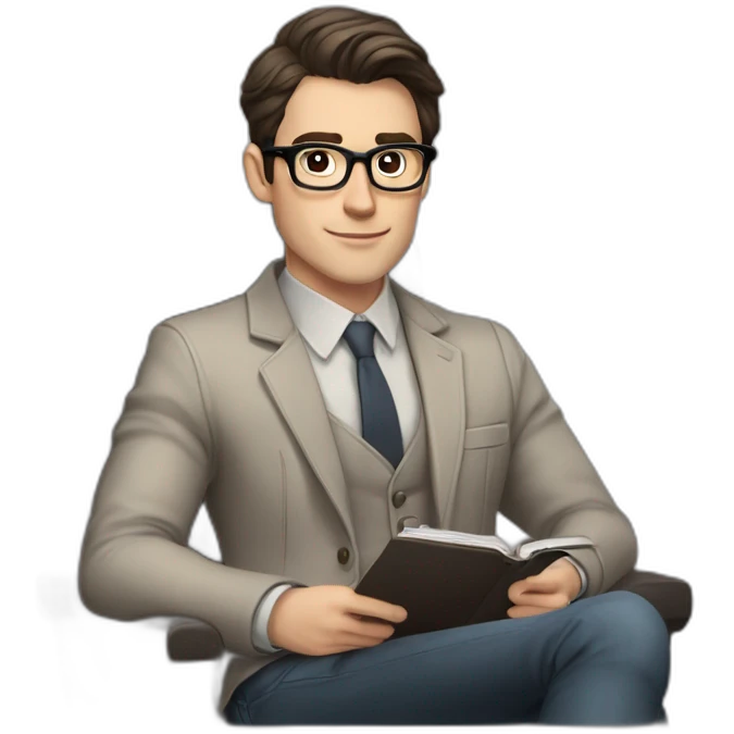 Pale skinned Fit Man With dark brown hair in gray jacket with emblem Ψ, beige office shirt and vintage glasses sitting In a chair with a notebook and a pen in his hands emoji