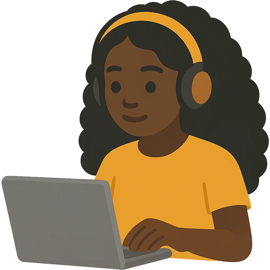 dark skin African American girl, long curly black hair, yellow shirt, headphones, typing at a laptop, flat vector style emoji