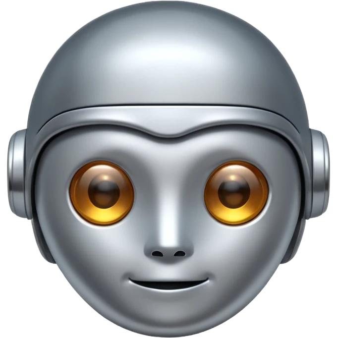 A cute futuristic robot emoji made of silver chrome, rounded friendly body, minimal facial features, glossy metallic surface, soft reflections, iOS emoji style, centered, clean white background emoji