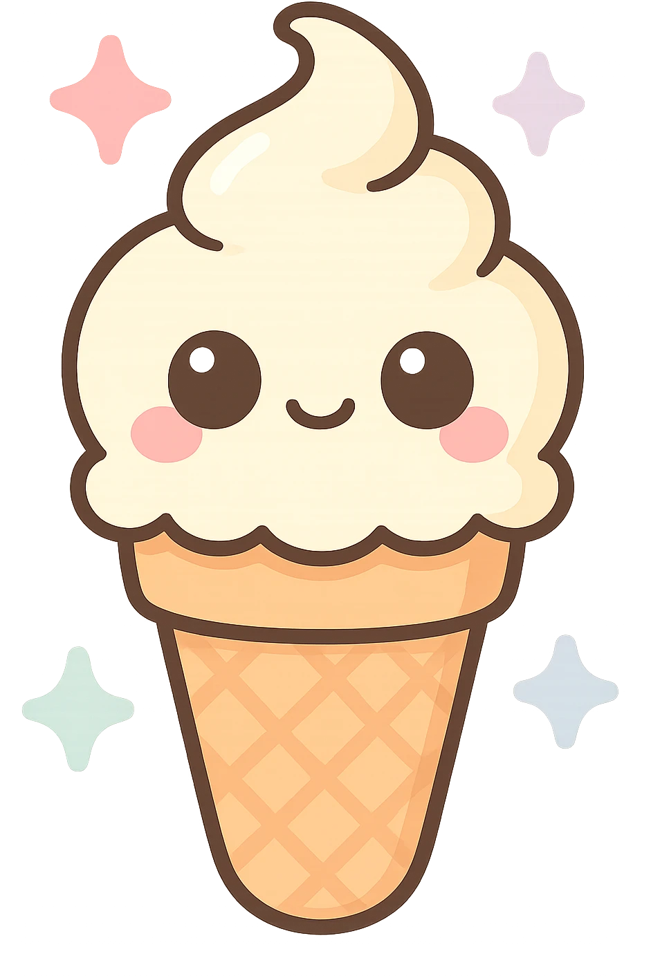 vanilla ice cream cone Marvi style, kawaii style, rosy cheeks, smiling, shiny details, transparent background emoji