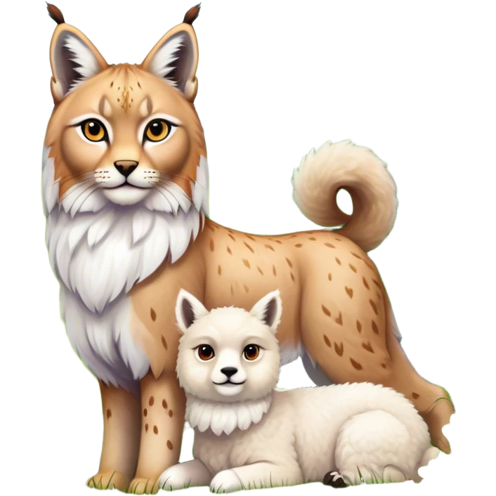 Collage of exotic animals: a lynx with striking eyes, and a fluffy alpaca standing in a lush meadow. The lynx gazes intently while the alpaca looks calm and curious. Surrounded by vibrant plants and flowers. Transparent background for a lively, colorful scene. emoji