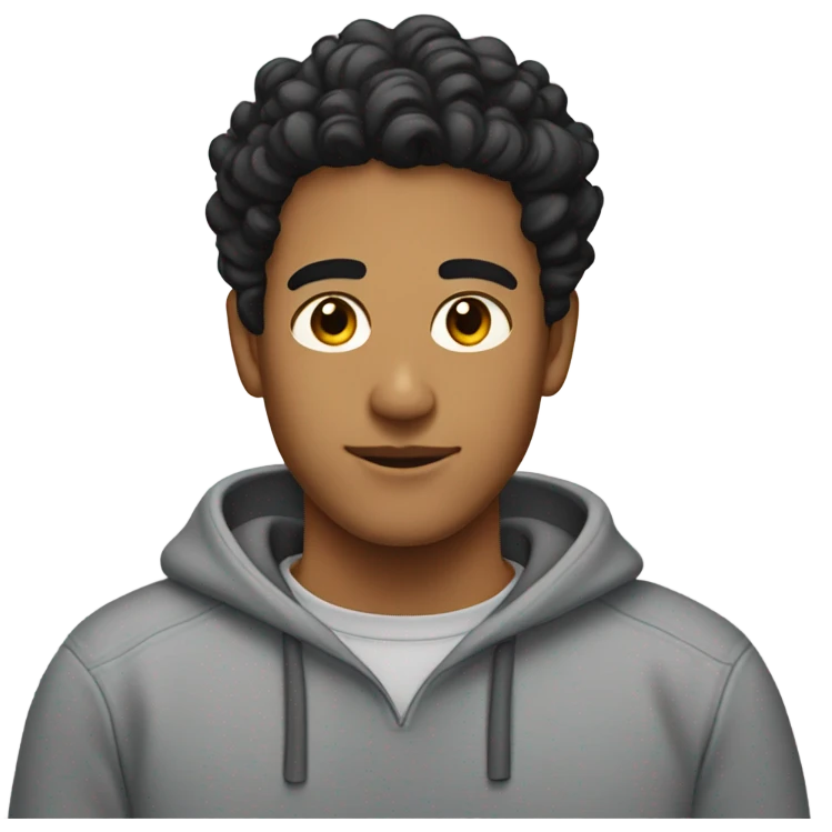 Tan guy with black curly hair in bun in gray sweatshirt  emoji