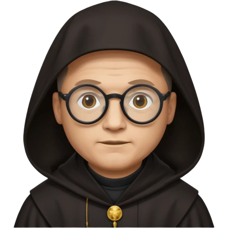 Monk priest prayer black habit with hood round black glasses done light brown wavy hair under hood remove the medallion smaller more round glassed age 46  emoji