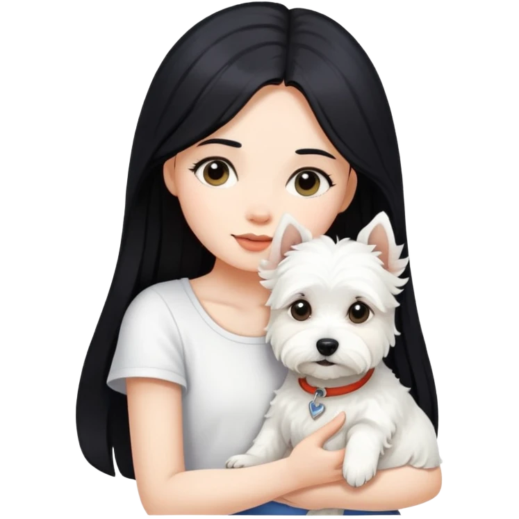 A girl with long black hair is holding a white terrier dog emoji