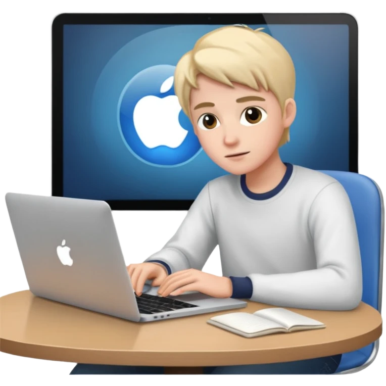 ученик учит английский язык за столом дома с макбуком прямо emoji