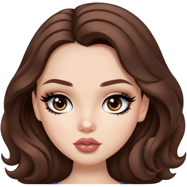 wavy brown hair, pretty lips, pale skin,  dark brown eyes, pretty bratz baddie, black eyeliner emoji