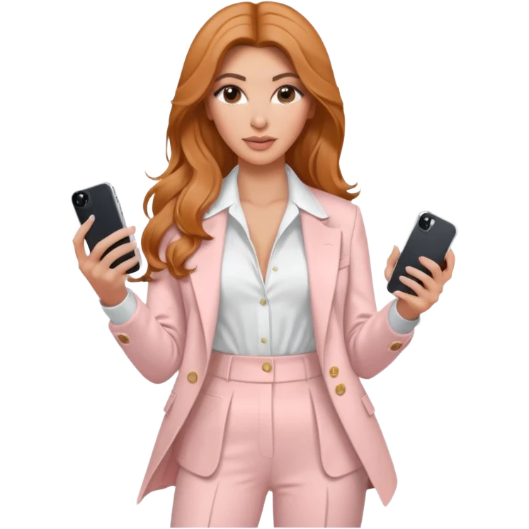 pale skin Kim Kardashian with ginger wavy long Hair, light pink  Spacious classical jacket, light pink palazzo Arrow pants and white blouse holding white IPhone 15 pro in the hands emoji