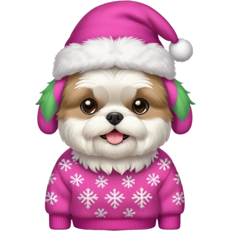 white shih tzu with pink christmas sweater and hat emoji
