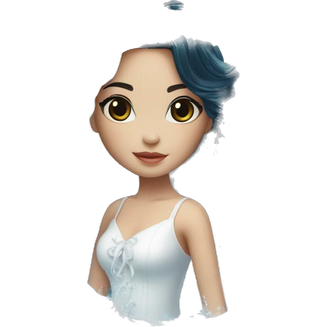 Pretty young Lady doll posing posed pose with long black hair flowers in hair white dress surrounded by flowing water water swirls waves emoji