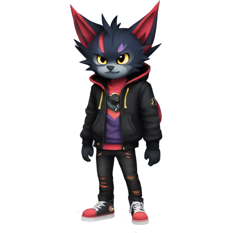 Cool Anthro Black Noibat-Quilava-Litten-Pokémon with edgy stripes hoodie spiked collar punk Full Body emoji