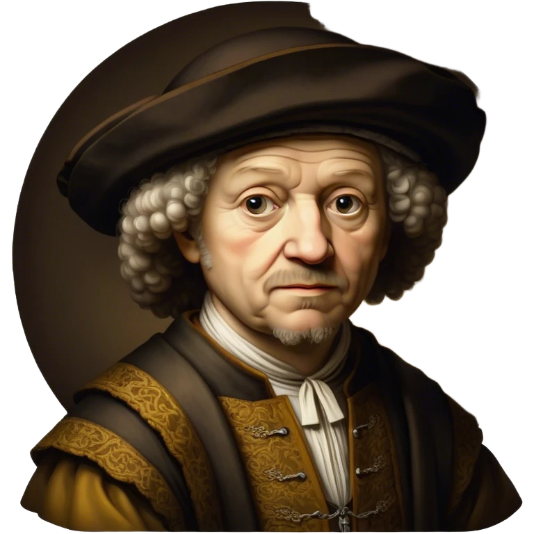 Cinematic Realistic portrait of Rembrandt, shown as a master artist with deep, introspective eyes and richly detailed period clothing, rendered with dramatic chiaroscuro lighting that emphasizes his legacy emoji