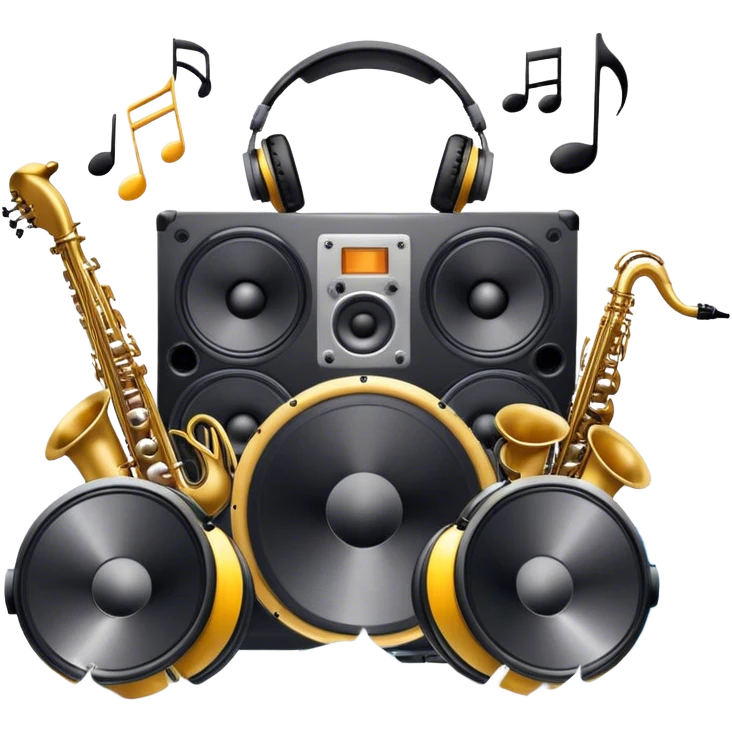 Icon for R&B Music Listening: large concert speakers and headphones with waves of musical notes coming out, along with drums, bass guitar and saxophone. The icon should convey the energetic and rhythmic vibe of R&B music. Transparent background emoji