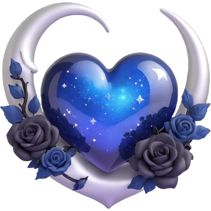 3D emoji gothic heart, midnight blue glass, silver crescent moon, tiny black roses, shimmering stardust, swirling galaxy background, glowing rune pattern, frost and ice effect emoji