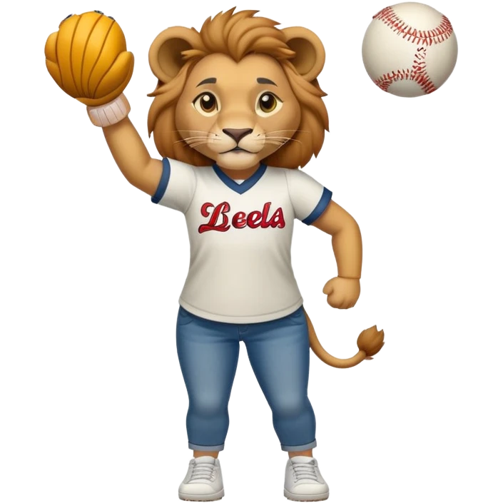 confident anthropomorphised female lion wearing a baseball shirt, jeans, and trainers, lifting an object emoji