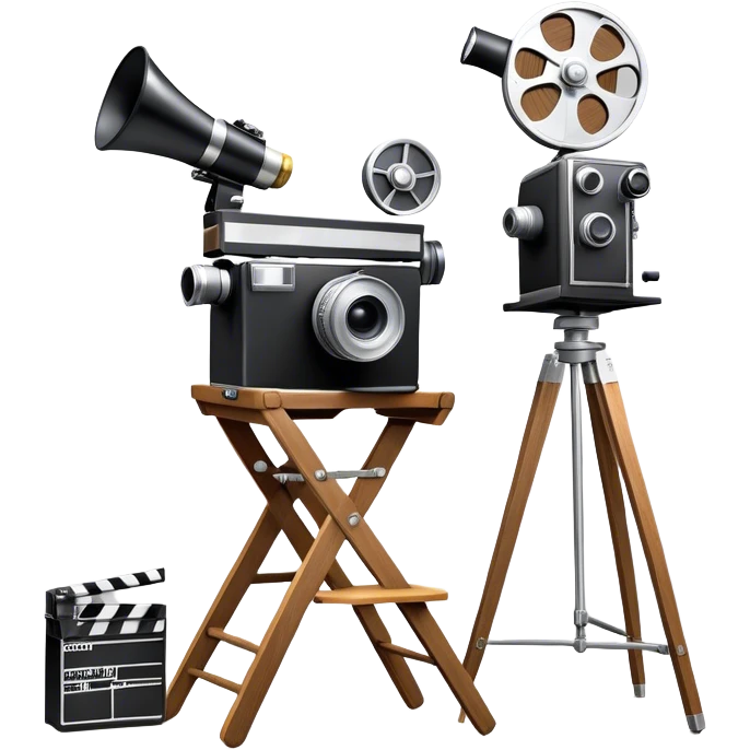 Icon for Directing: a director's chair, a large film camera, a megaphone, a stage set with lights and an Oscar statuette. The icon should represent the creative and leadership aspects of directing, with focus on film and theater production. Transparent background. emoji