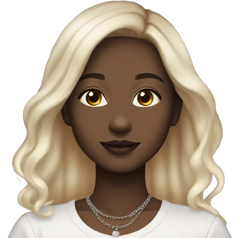 pale skinned girl with light brown to platinum blonde ombre hair and brown eyes, wearing a square neck black top and silver necklaces emoji