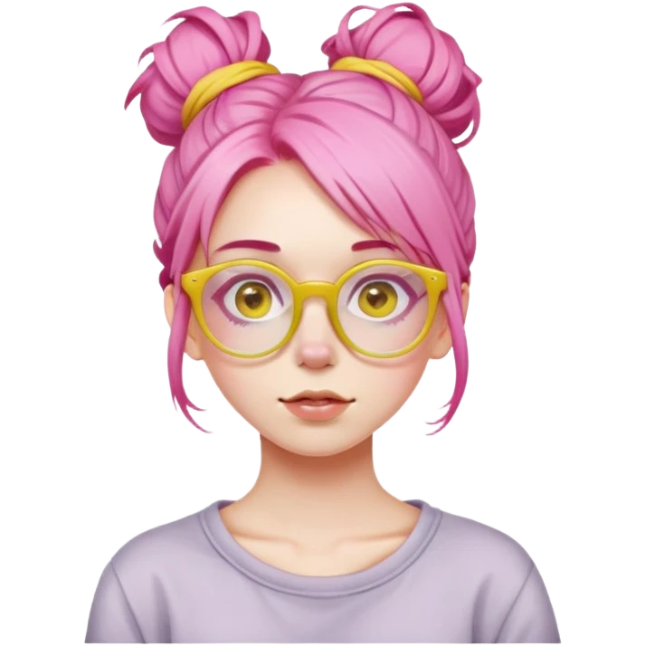 Girl with pink hair in a messy bun and yellow glasses emoji