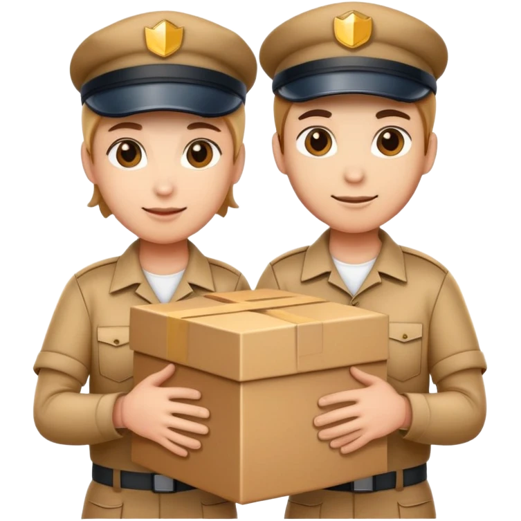 two workers in caps and uniforms holding a large box together emoji
