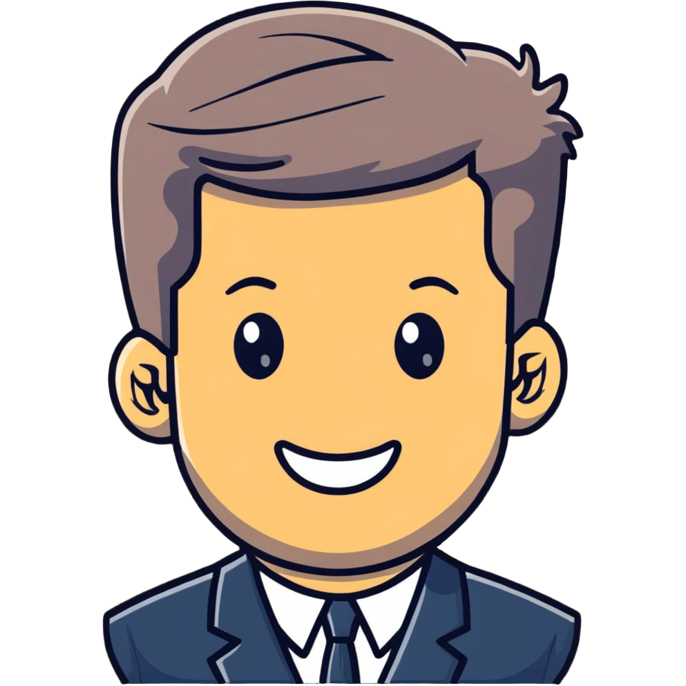 John F. Kennedy portrait with his classic hairstyle and smile emoji