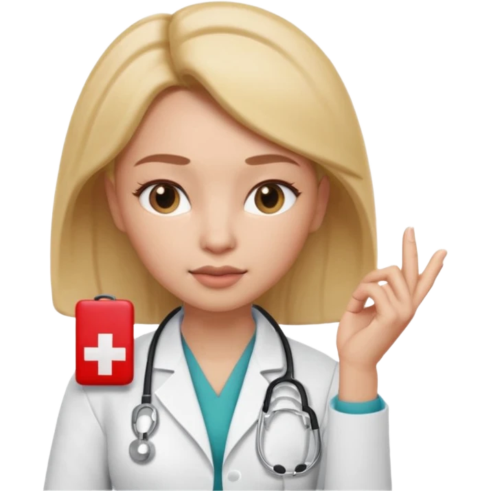 3D memoji female doctor, hand touching chin in thinking pose, thoughtful expression, slightly narrowed eyes, professional medical look, isolated PNG emoji