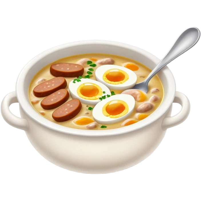cinematic-realistic zurek-soup-dish-emoji,-depicted-as-a-tangy,-creamy-rye-soup-with-sausage-and-boiled egg-rendered-with-detailed-textures-and-warm,-comforting-lighting. emoji