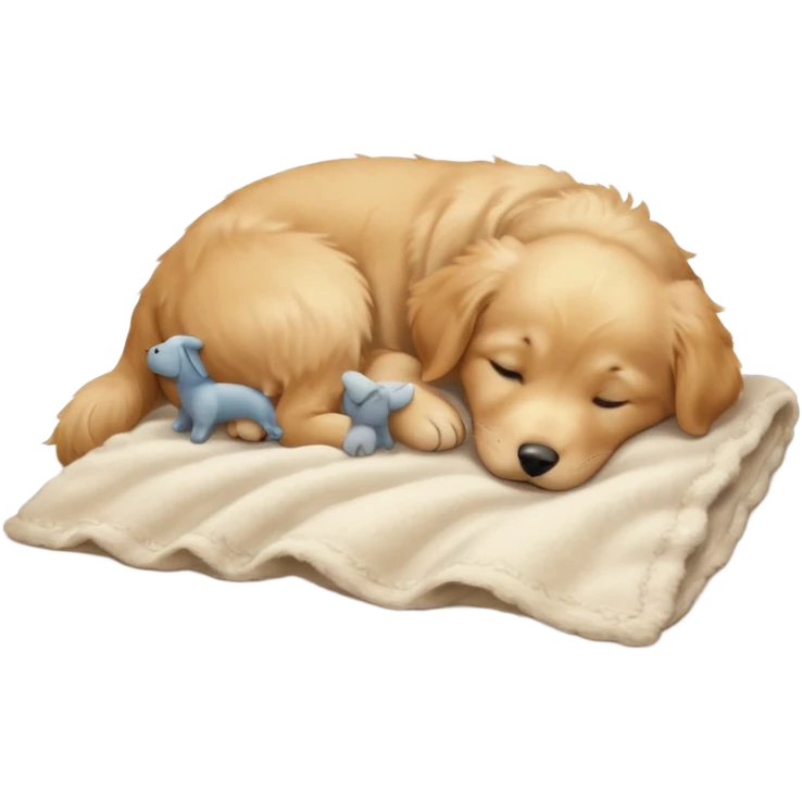 A Golden Retriever puppy sleeping peacefully on a soft blanket indoors. Cozy home environment, natural lighting, soft focus, adorable realism. emoji