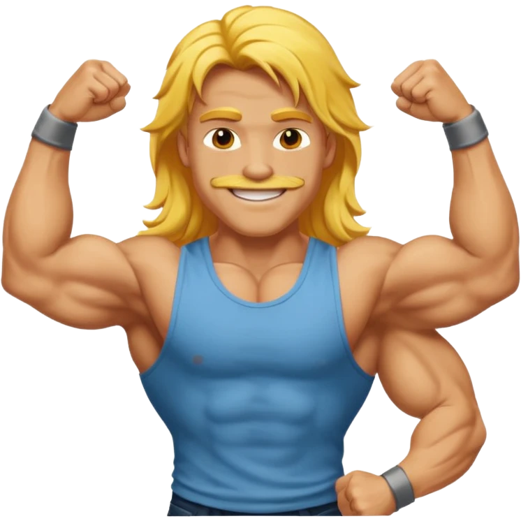muscled happy guy flexing, long yellow hair emoji
