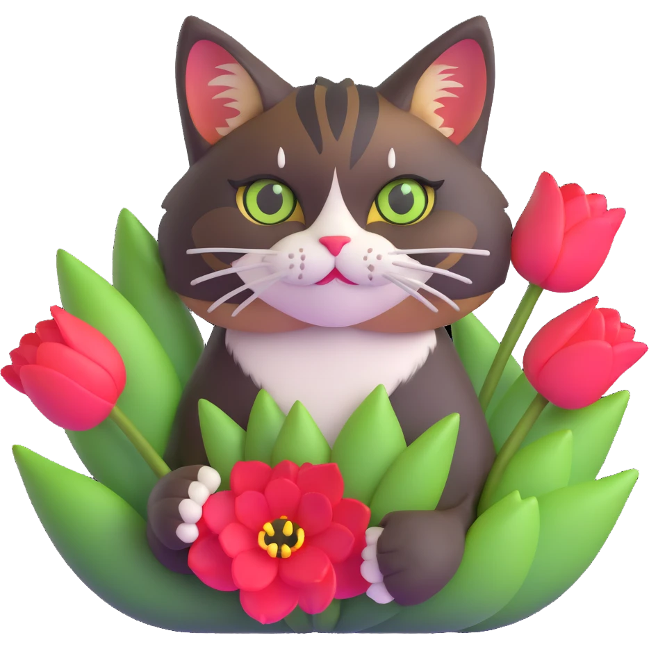 tricolor fluffy cat with big green eyes holding red tulips in her arms emoji