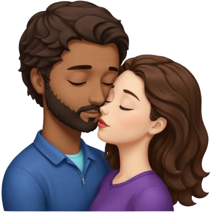 White woman (brown hair with eyes closed) kissing the top of the head (forehead) of brown man with black wavy hair (has a a beard with his eyes closed too). Woman has her lips to the forehead of the man. emoji