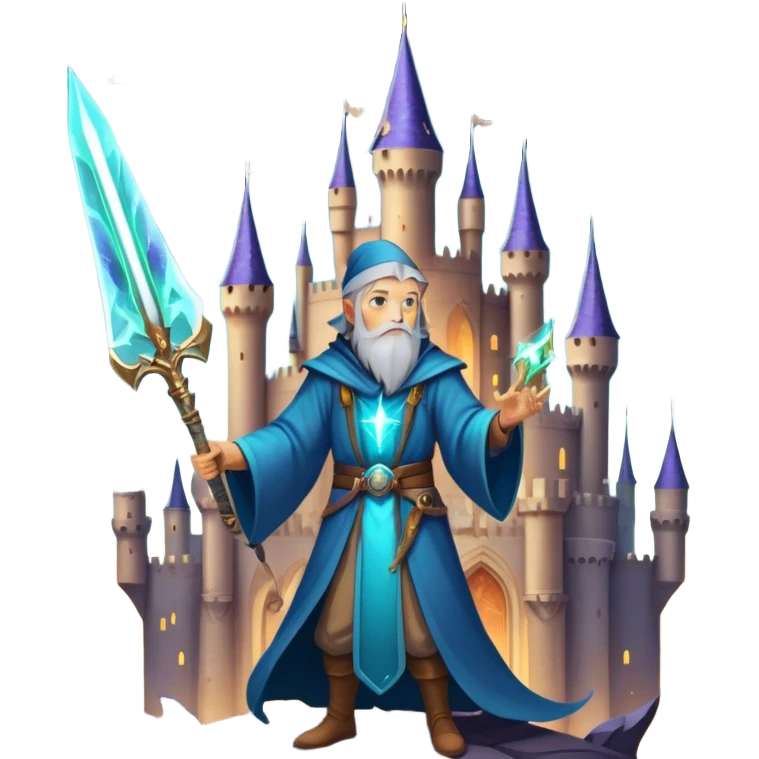 Fantasy and Sci-Fi Movies: A magical collage with a glowing sword, flying dragons, and futuristic spaceships. Stars and planets shimmer in the background, with a mystical castle and an ancient wizard holding a staff. The atmosphere is epic, otherworldly, and adventurous. Transparent background. emoji