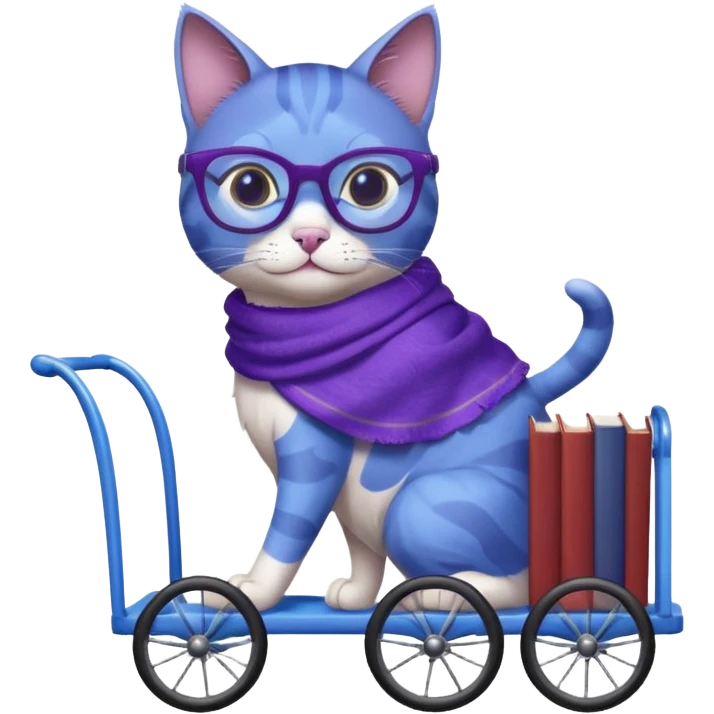 Purple and blue cat, with glasses and a shawl, pushing a 4 wheeled cart full of books emoji