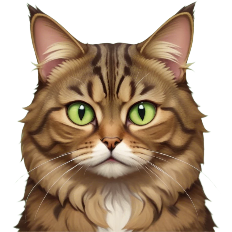 Cinematic Meme-Worthy Grumpy Brown Tabby Cat Portrait Emoji, Head held high but eyes filled with dramatic disappointment, fluffy brown fur with striking tabby markings, signature M-shaped forehead furrowed into an unmistakable scowl, large ears slightly angled back in disapproval, piercing golden-green eyes glaring with pure exasperation, Simplified yet hilariously over-exaggerated features, highly detailed, glowing with an aura of supreme annoyance, high shine, exhausted yet judgmental, stylized with an almost regal pettiness, bright but brooding, soft glowing outline, capturing the essence of a feline that has seen it all and is thoroughly unimpressed, so meme-worthy it feels like it could instantly become the next viral sensation of grumpiness! emoji