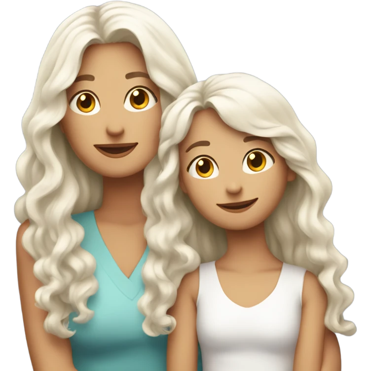 mum with straight long White hair and daughter with long curly brown and blonde hair hugging emoji