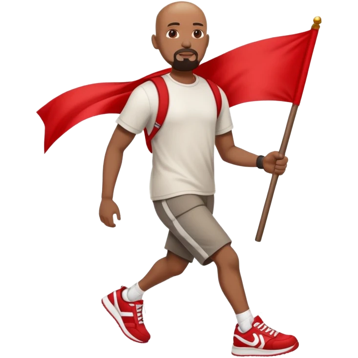 Bald black man with a white goatee in sneakers carrying a red flag emoji
