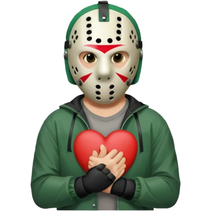 a cartoon image of Jason Voorhees, looking cute, with his hands clasped in front of him, at a sideways angle, looks like he is in love emoji