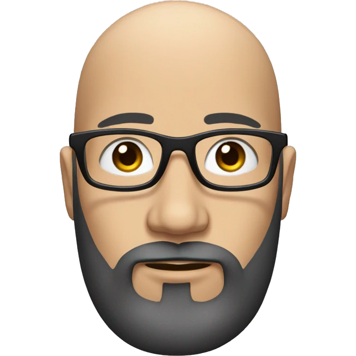Create a bald man, long black beard with white highlights, round prescription glasses, and thin eyebrows emoji