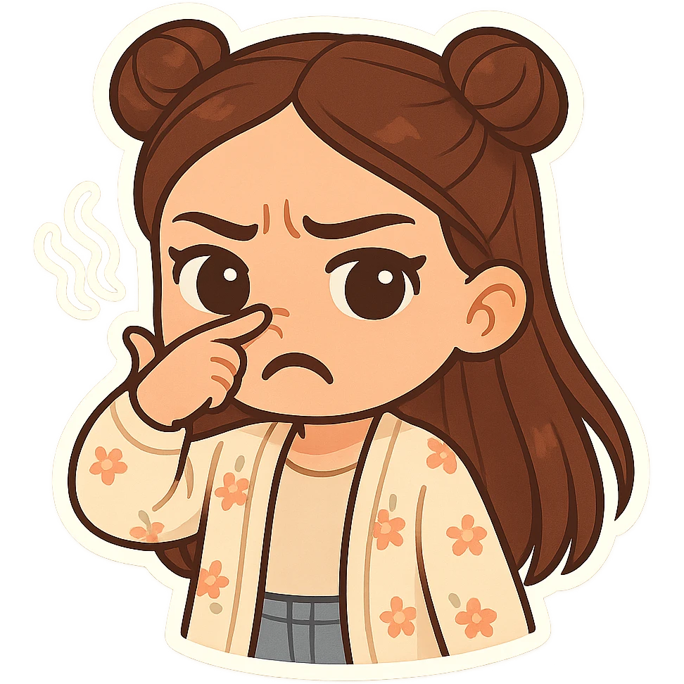 Create a chibi sticker of the girl from the reference image. She has brown straight hair in double buns, brown eyes, wearing a pastel floral cardigan and jeans. She is waving her hand in front of her nose with a disgusted expression, as if something smells bad. The sticker should have a white outline and a transparent background, 512x512px. emoji