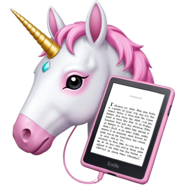 Unicorno bianco con corno rosa brillantato con sulla testa un paio di cuffie e un Amazon Kindle in mano emoji