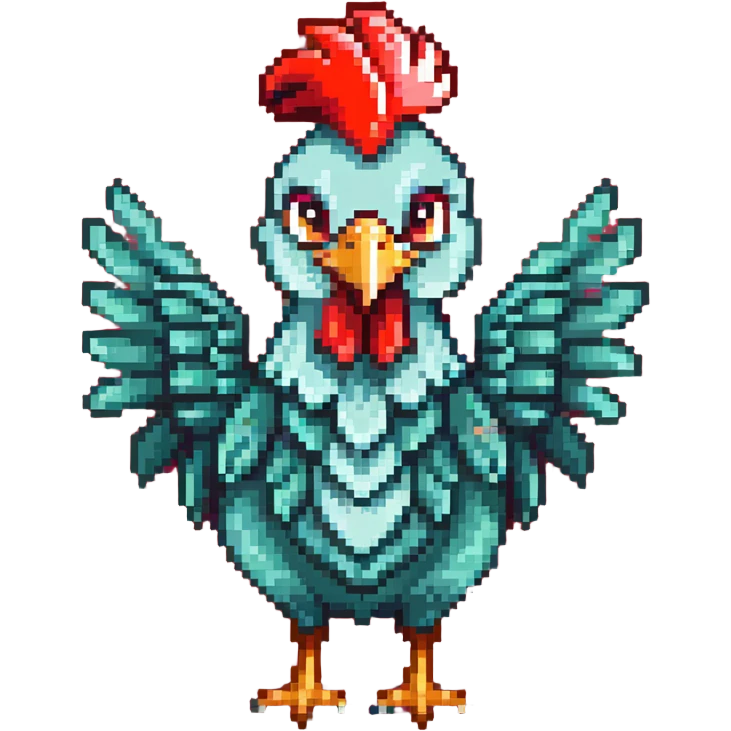 A cute blue-green rooster chicken with big eyes, red comb, small wings, skinny legs, and goofy expression emoji