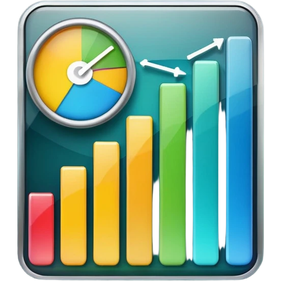 KPI dashboard icon emoji with rounded screen, glossy effect, soft shadow, colorful bar chart with blue, green, yellow bars, white line graph overlay, gradient background, vibrant colors, transparent background emoji